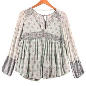 Free People Top Womens Medium Rolling Hills Green Floral Tunic Long Bell Sleeve